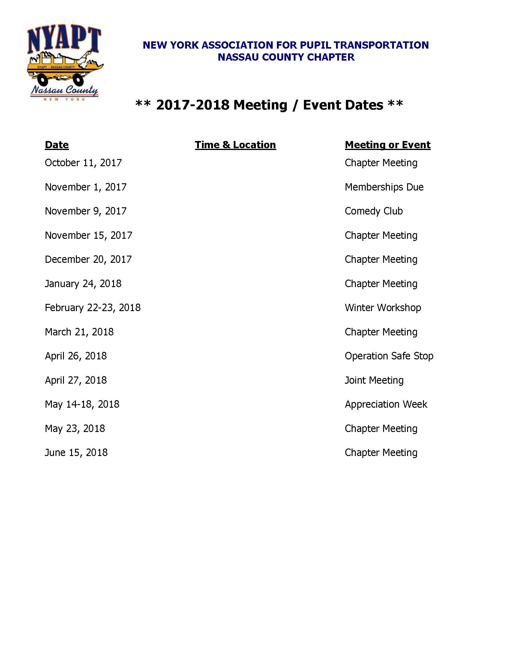 NYAPT Meeting Dates 2018 New York State Nassau County Chapter of Pupil Transportation